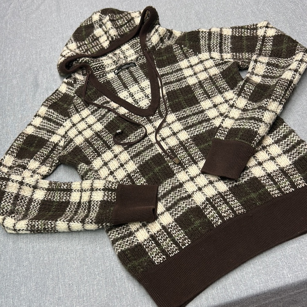 Burton Wool Blend Plaid Hooded Sweater V-Neck Drawstring M